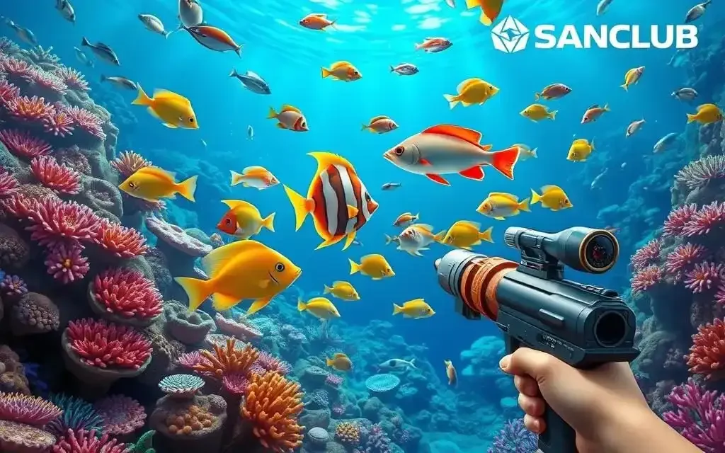 Người chơi điều khiển súng nhắm bắn cá di chuyển trên màn hình